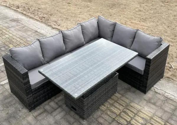 Image of Fimous 6 Seater Outdoor Dark Grey Rattan Lounge Complete Sofa Set with Adjustable Dining Table and Cushions