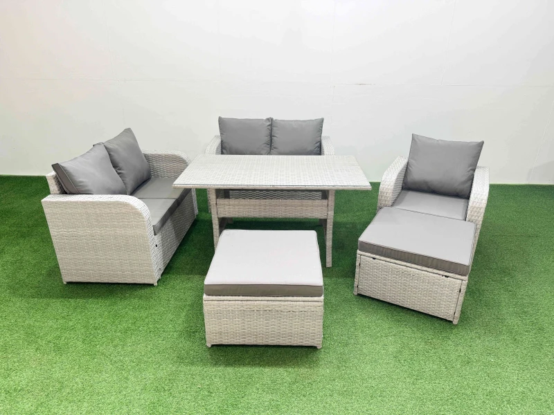 Image of Fimous High Back Poly Rattan Garden Furniture Set with Reclining Chair Loveseat Sofa Rectangular Dining Table Indoor Outdoor Patio Set 2 Big Stool Li