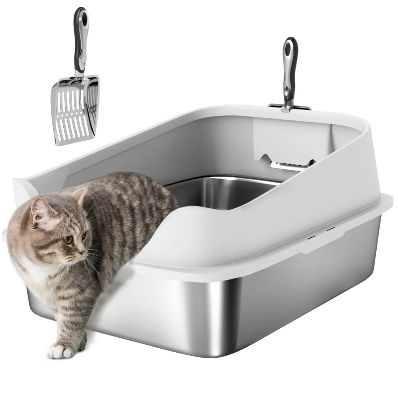 Image of PawHut XL Stainless Steel Cat Litter Box with High Sides, 60 x 40 x 30 cm, Grey D31-134V01GY
