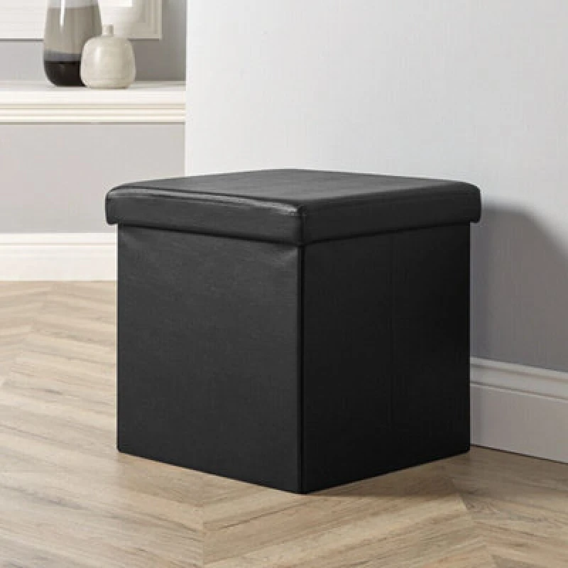 Image of Home Source Faux Leather Square Folding Storage Ottoman Black