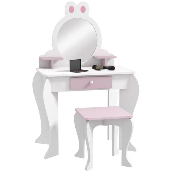 Image of ZONEKIZ Kids Dressing Table with Mirror and Stool, Rabbit Design, for Ages 3-6 Years White