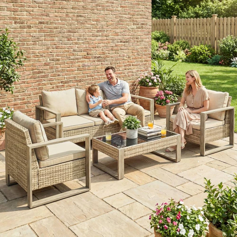 Image of OUTSUNNY 4 Seater Rattan Garden Furniture Set with Non-slip Mats, Khaki Khaki Unisex