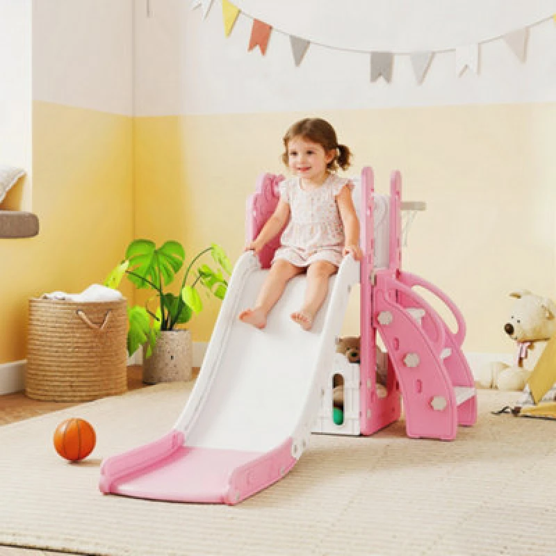 Image of Aiyaplay 5 In 1 Toddler Slide Set With Basketball Hoop For Age 1-3, Pink