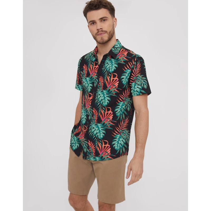 Image of Threadbare Cotton Tropical Print Short Sleeve Shirt - Black S