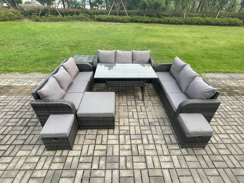 Image of Fimous Rattan Garden Furniture Set with Oblong Rectangular Dining Table 3 Footstools Side Table 11 Seater Outdoor Lounge Sofa Set Dark Grey Mixed Dark