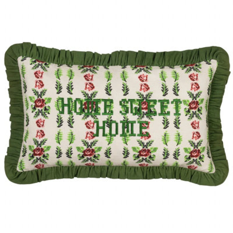 Image of Feeoni Home Sweet Home Embroidered Cotton Cushion Willow Green, Willow Green / 30 x 50cm / Polyester Filled