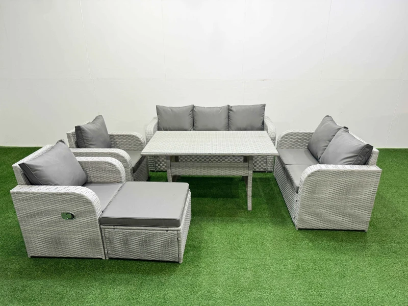 Image of Fimous PE Rattan Garden Furniture Set Reclining Chair Sofa Double Love Seat 2 Seater Sofa Lounge Set Rectangular Dining Table Big Footstool Light Grey