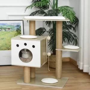 Image of PawHut Cat tree Tower 80cm Climbing Activity Center Kitten Furniture with Jute Scratching Post Pad Ramp Condo Perch Cushion Hanging Ball Light Grey