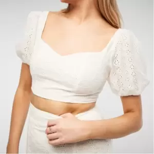 Image of Missguided Broderie Puff Sleeve Crop Top - White