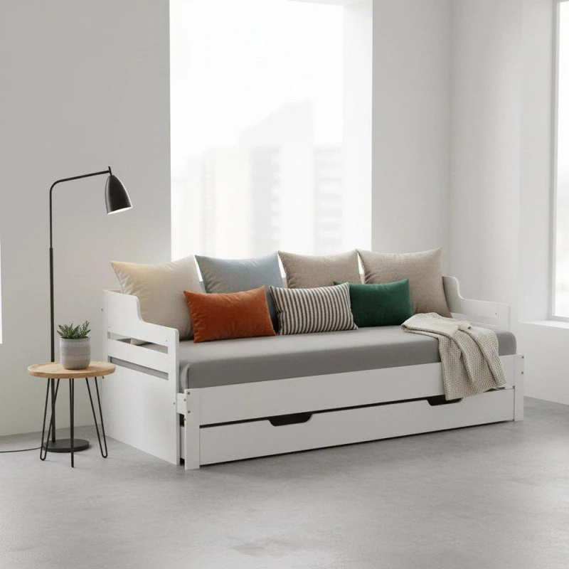 Image of Urban Meuble White Wooden Sofa Bed with Storage Drawer White unisex One Size