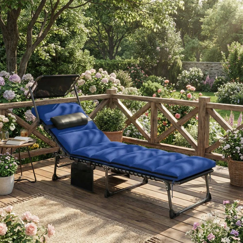 Image of OUTSUNNY Folding Sun Lounger, Sunbed with Canopy, Dark Blue Dark Blue Unisex