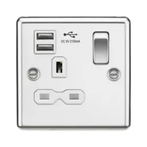 Image of Knightsbridge - 13A 1G Switched Socket Dual usb Charger Slots with White Insert - Rounded Edge Polished Chrome