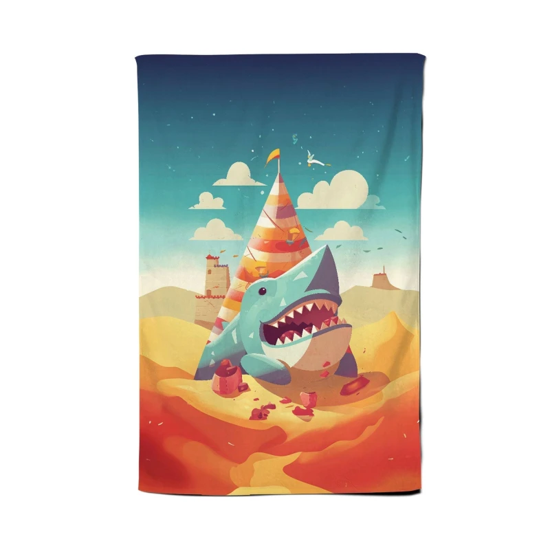 Image of Warren Reed - Designer Shark On A Beach Holiday Tea Towel in Yellow Yellow Unisex