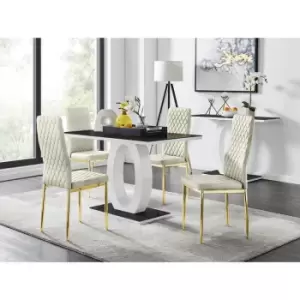 Image of Furniturebox Giovani 4 Black Dining Table & 4 Cream Milan Velvet Dining Chairs With Gold Legs Diamond Stitch Modern Contemporary Chrome Metal