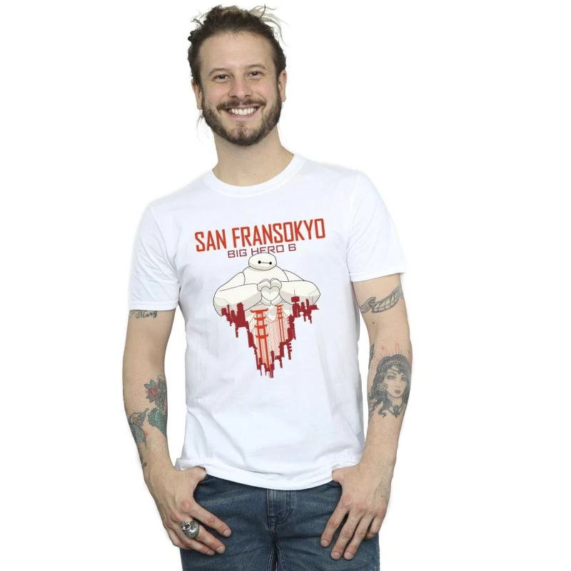Image of Disney Men Big Hero 6 Baymax San Fransokyo Heart T-Shirt in White Size: Small White S Male 5059934882003