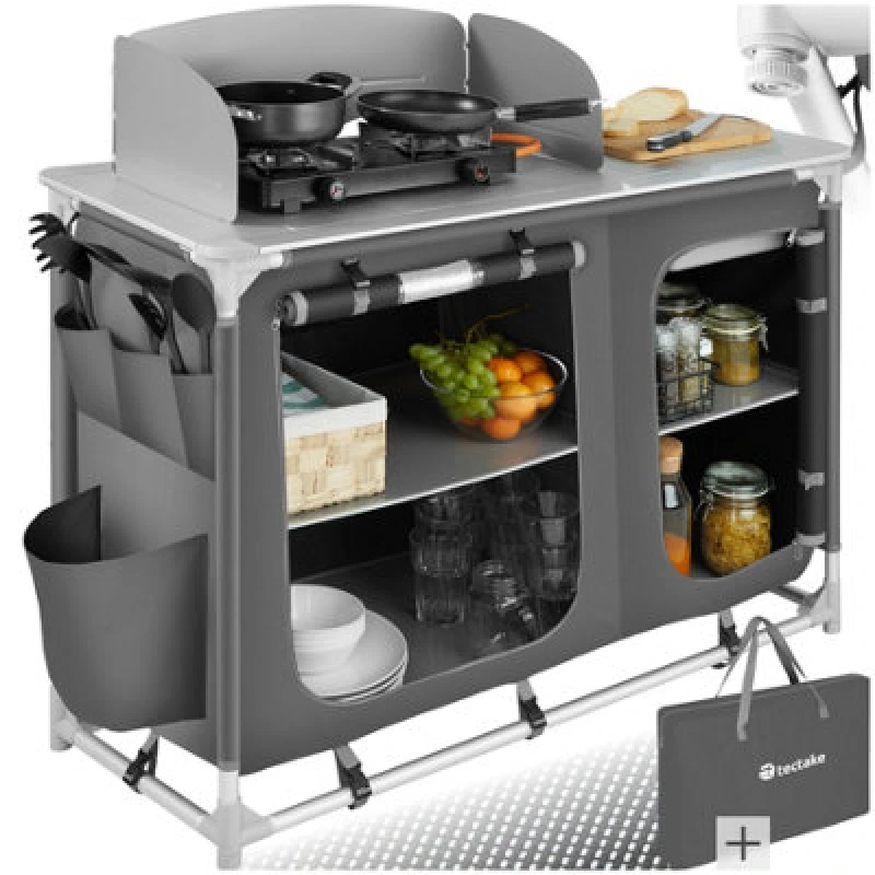 Image of Tectake Camping Kitchen - Foldable With 4 Compartments, Aluminium Frame - Grey