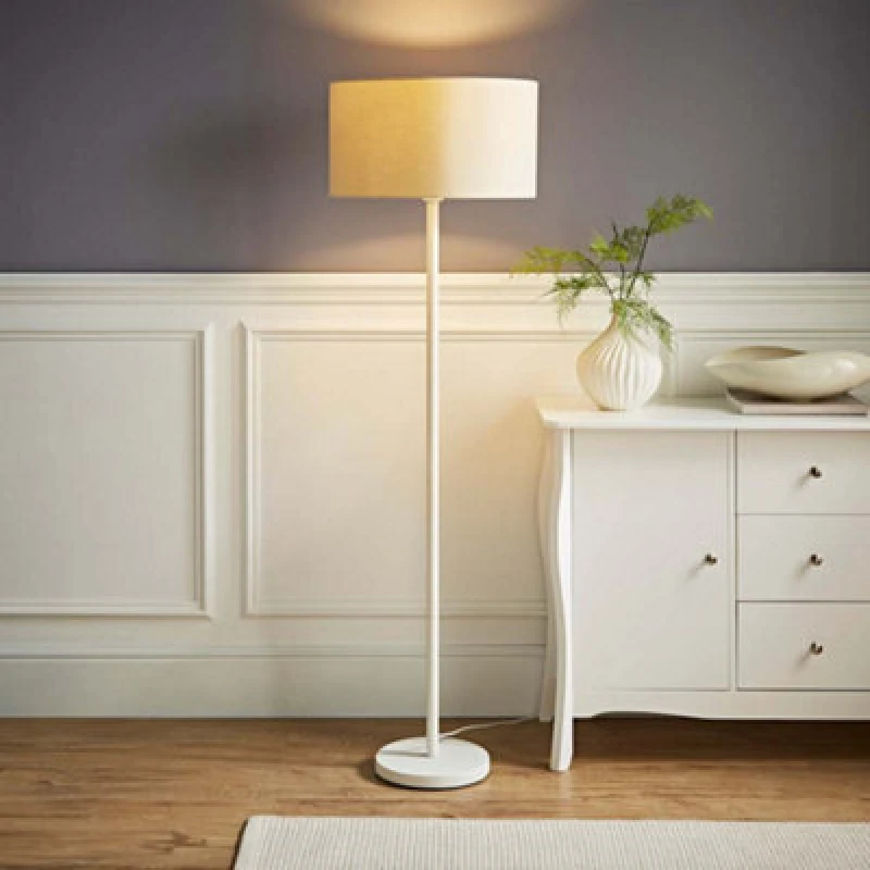 Image of ValueLights Charlie White Metal Single Stem Floor Lamp with Fabric Drum Lamp Shade Natural