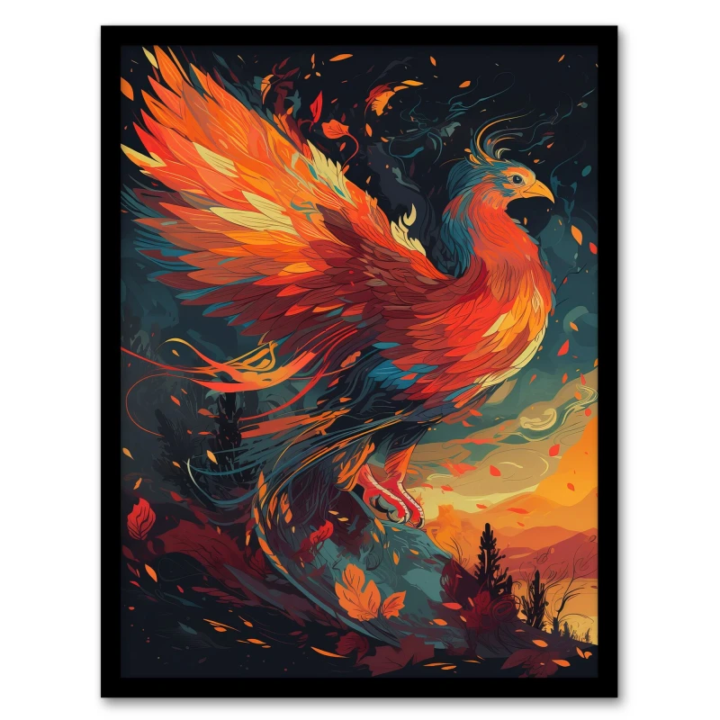Image of Artery8 Majestic Phoenix Bird Spreading Wings Home Decor Black Framed Wall Art Print A4, Orange UA4MDJ002181