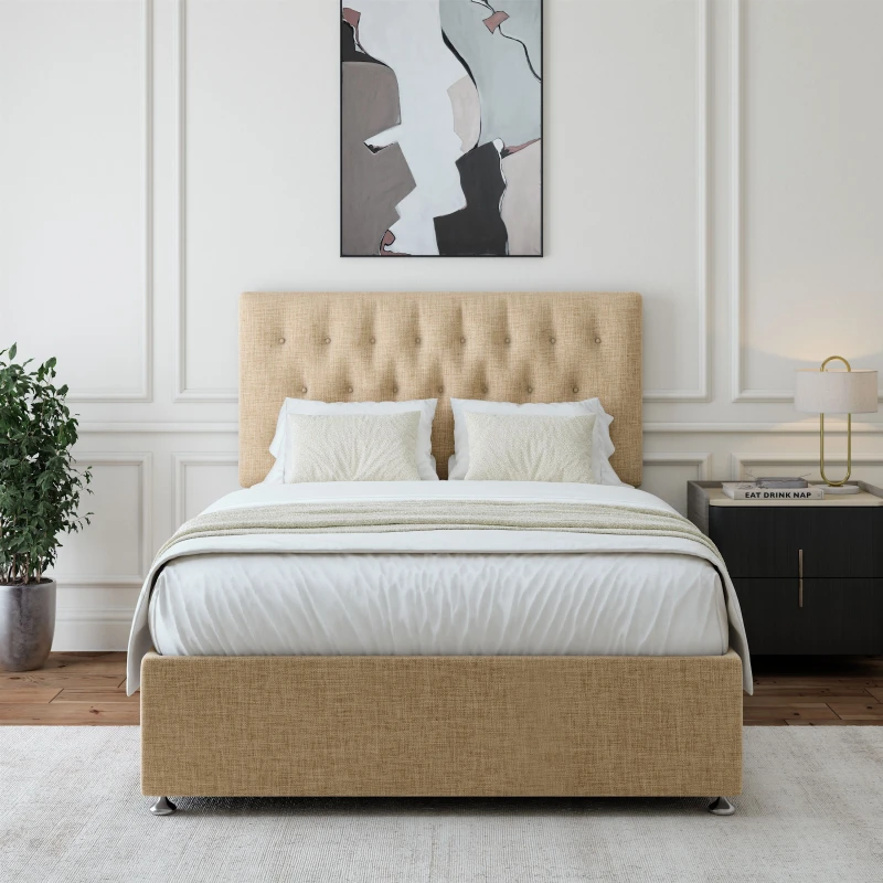 Image of Bedmaster Bedmaster Linen Divan Base And Button Headboard in Natural Size: Double Natural Double Unisex 9505496242565