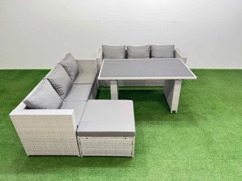 Image of Fimous 7-seater Patio Rectangular Table Sofa Set with Big Stool Light Grey Light Grey Unisex