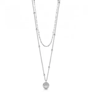 Image of GUESS rhodium plated 16-20" double necklace with bead details and logo coin pendant with Swarovski crystals.
