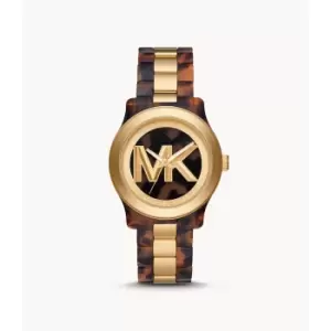 Image of Michael Kors Womens Runway Three-Hand Brown Acetate And Gold-Tone Stainless Steel Watch - Brown / Gold