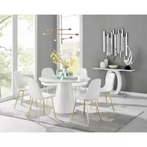 Image of Furniture Box Palma White High Gloss Round Dining Table and 6 White Corona Gold Leg Chairs