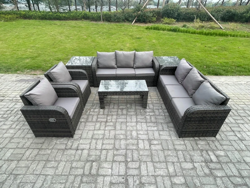 Image of Fimous Wicker PE Rattan Sofa Set Outdoor Patio Garden Furniture with Reclining Chair Coffee Table 2 Side Tables Dark Grey Mixed Dark Grey