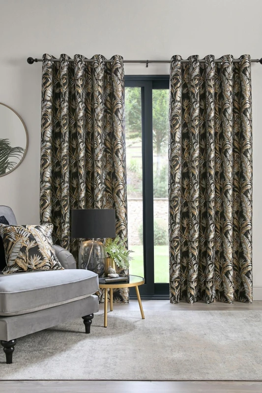 Image of Laurence Llewelyn-Bowen Paradise Palm Gold Black Jacquard Eyelet Curtains Black 9