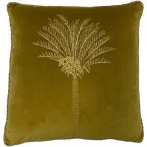 Image of Desert Palm Embroidered Velvet Piped Cushion Cover, Olive, 50 x 50 Cm - Furn