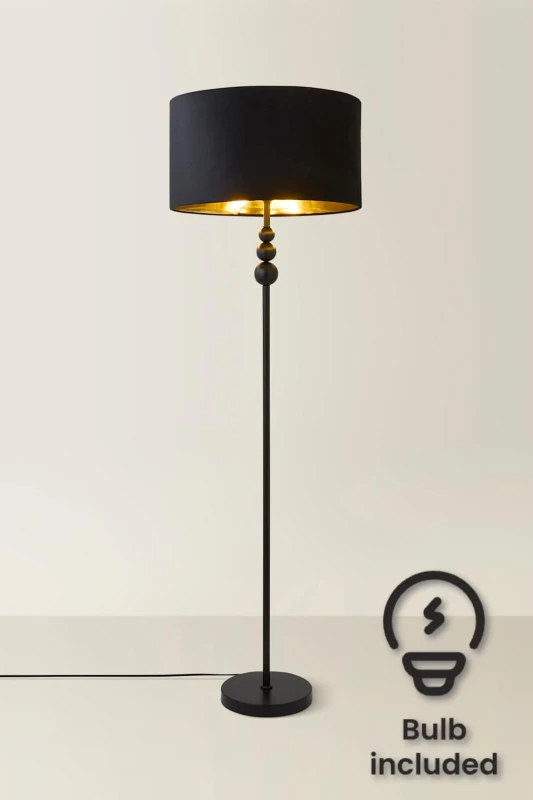 Image of ValueLights ValueLights Marissa Black Stacked Ball Floor Lamp with Velvet Drum & Gold Inner Shade & Bulb Black One Size Unisex 5059406060021