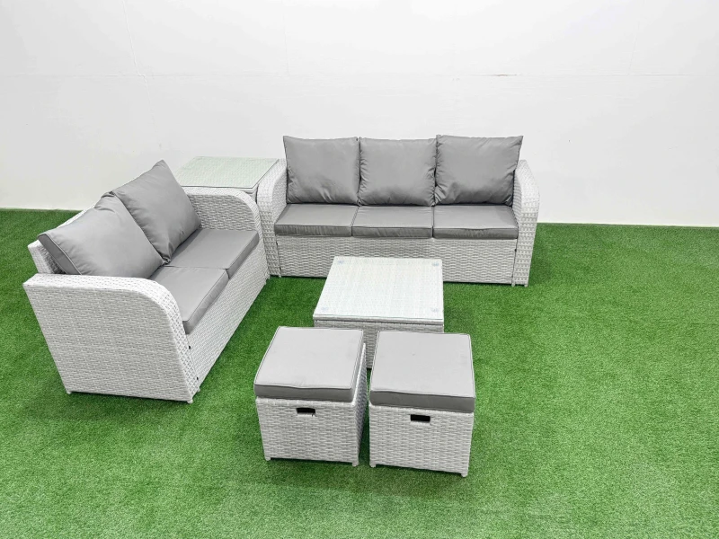 Image of Fimous 7 Seater PE Rattan Wicker Garden Furniture Patio Conservatory Sofa Set with Square Coffee Table 3 Seater Sofa Love Sofa 2 Stools Side Table Lig