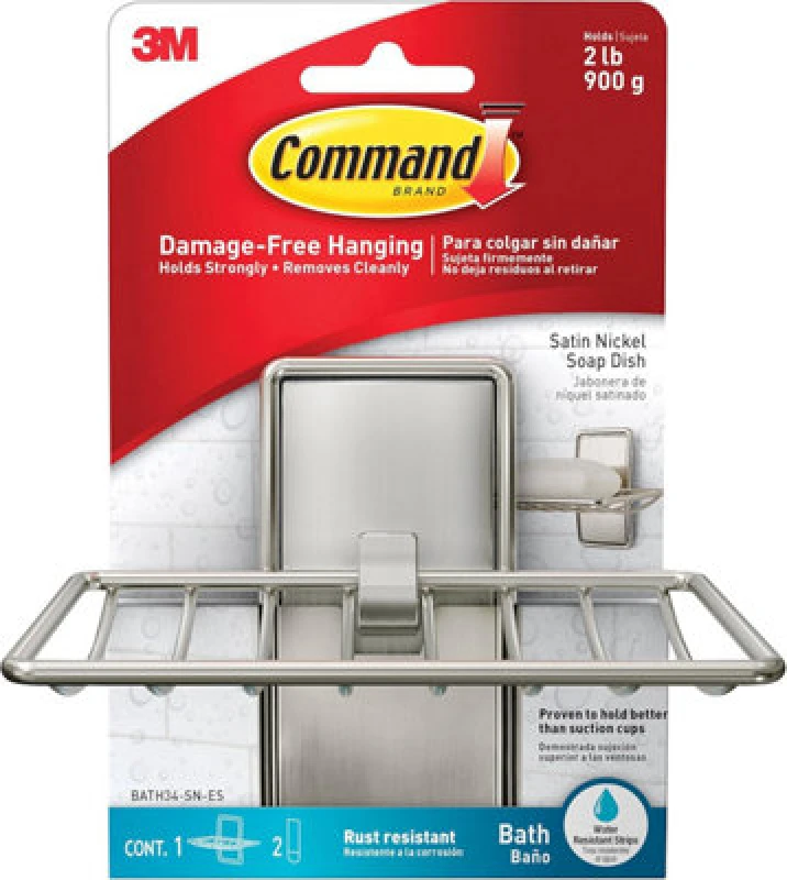 Image of 3M CLAW Command Bath Soap Dish Bath34, Satin Nickel, 1 Soap Dish + 2 Strips Silver