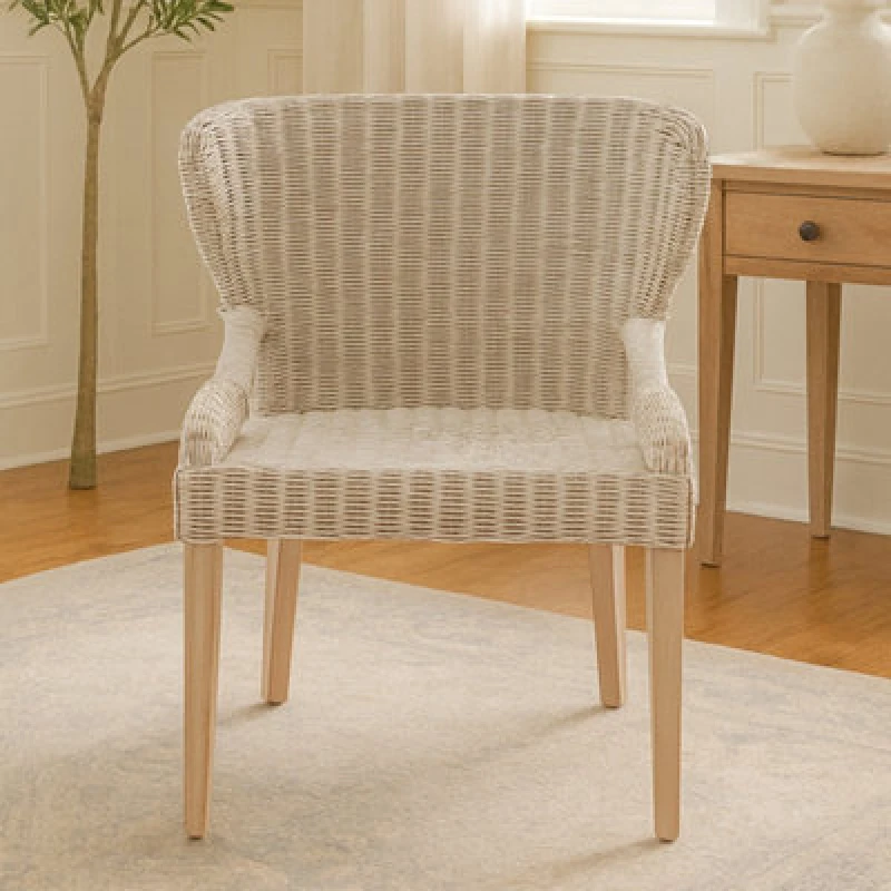 Image of Orsina Wicker Grey Armchair With Wooden Legs, Rattan Outdoor Chair, Hand-Woven Wicker Chair For Garden, Lounge