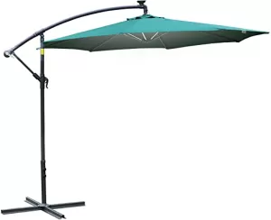 Image of Outsunny 3m LED Patio Banana Umbrella Cantilever Parasol w/ Crank Cross Base Hanging Offset Umbrella Frame Steel Aluminium Garden Table Outdoor Green