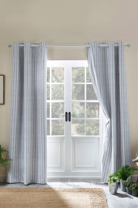 Image of Catherine Lansfield Logan Stripe 90X90" Lined Eyelet Curtains Two Panels Blue