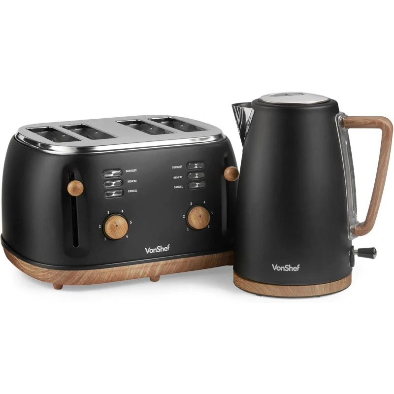 Image of VonShef Fika Nordic Rapid Boil Kettle And Four Slice Wide Slot Toaster Set Black