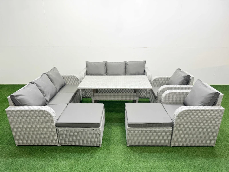 Image of Fimous PE Rattan High Back Lounge Sofa Set Patio Rectangular Dining Table & Chairs Set with 3 Seater Sofa Reclining Chair 2 Big Footstool Light Grey L