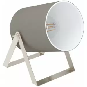 Image of Table Desk Lamp Satin Nickel Shade Taupe Outer White Inner Fabric Bulb E27 1x40W