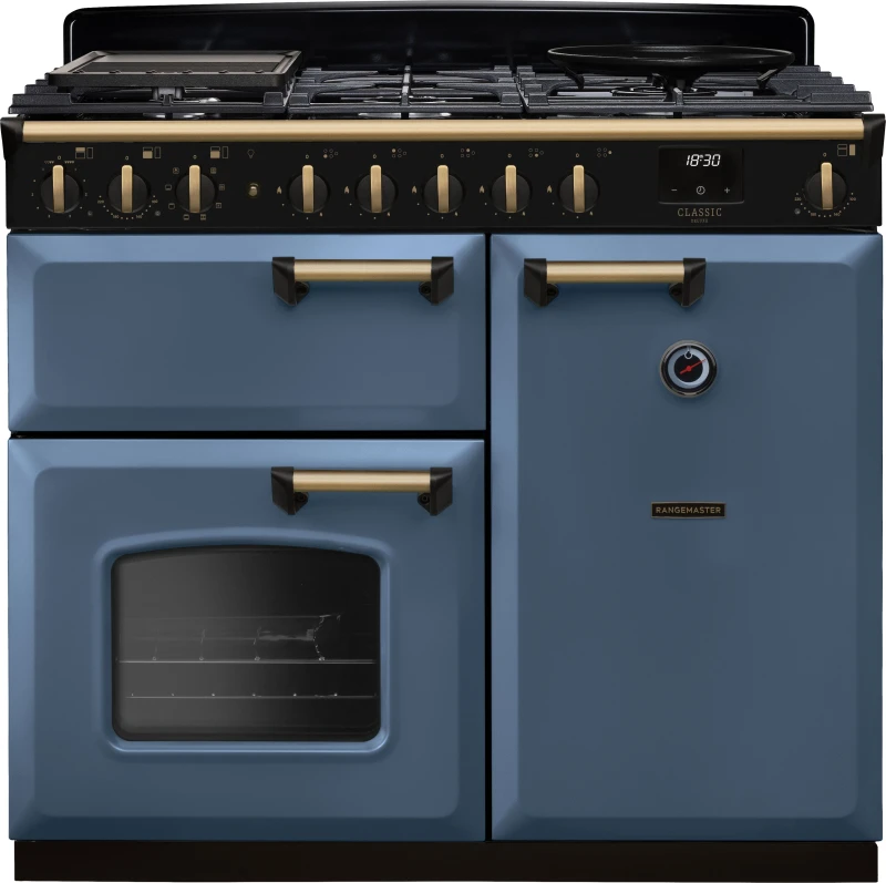 Image of Rangemaster Classic Deluxe 100 Dual Fuel CLDL100DFPSTB/AB1 100cm wide Dual Fuel Range Cooker with Gas Hob - Stone Blue / Antique Brass - A Rated