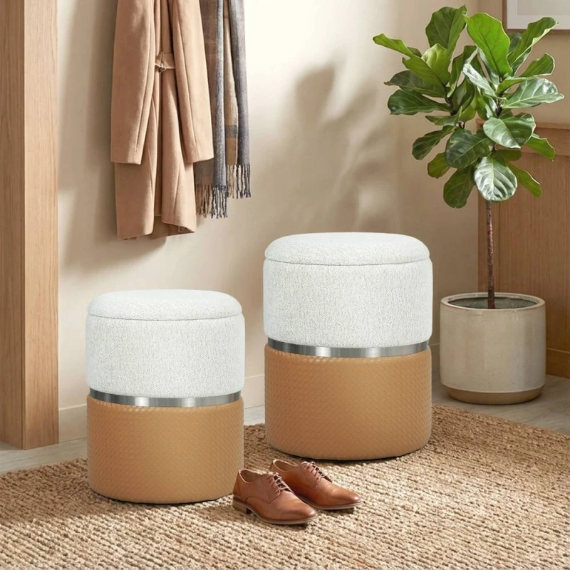 Image of HOMCOM Round Storage Ottoman Set of 2, Nesting Footrest Stool in Brown Size: 120 Brown Unisex 120