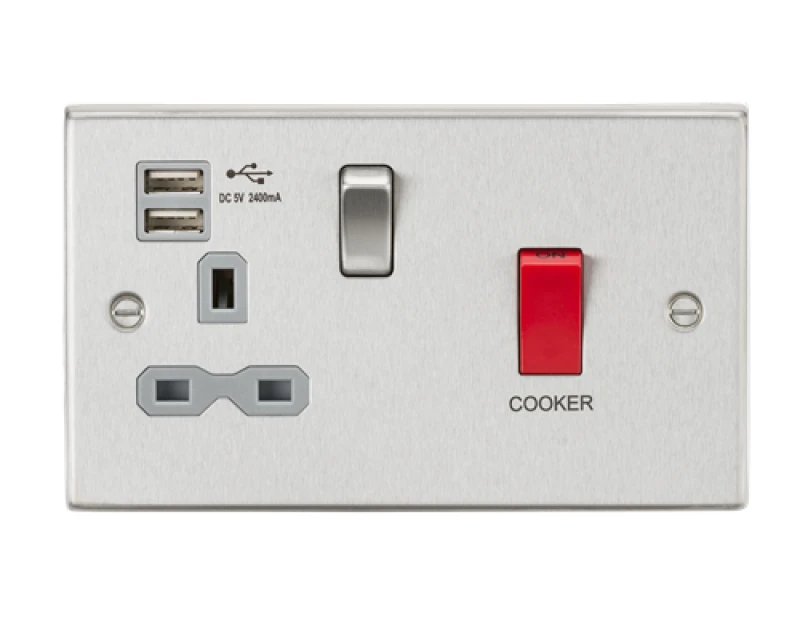 Image of KnightsBridge 45A DP Switch & 13A Switched Socket Dual USB Charger 2.4A - Brushed Chrome with grey insert CS8333UBCG