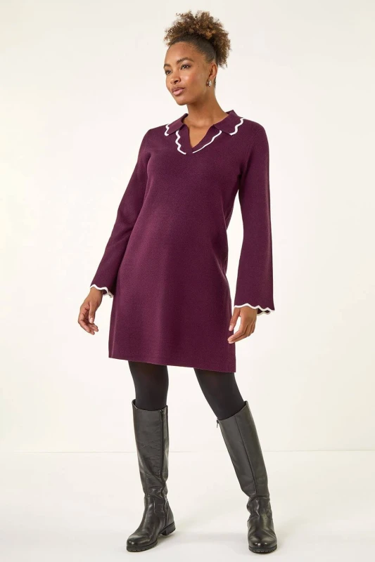 Image of Roman Womens Scalloped Edge Knit Dress in Plum Size: 18 Plum Female 18