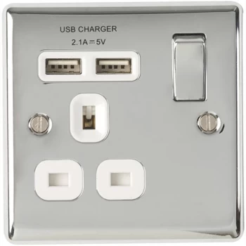 Image of BG Nexus Metal Polished Chrome Single 1 Gang Plug Socket with 2 x USB Outlet White Insert 13A - NPC21U2W