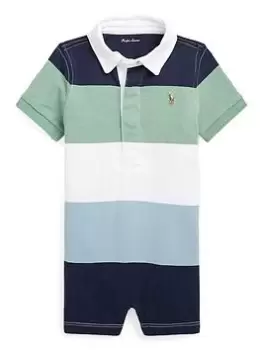 Image of Ralph Lauren Baby Boys Stripe Rugby One Piece Shortall Romper - Faded Mint Multi, Size 6 Months
