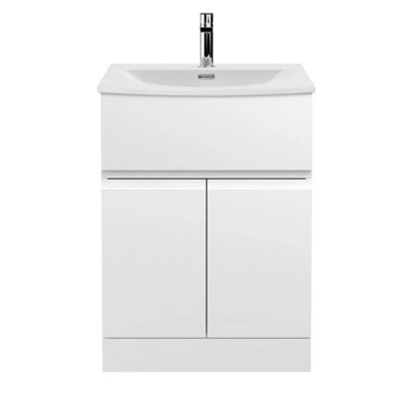Image of Nuie Hudson Reed Urban Floor Standing 2 Door 1 Drawer Vanity Unit With Curved Basin, Durable Modern Vanity Unit In Satin White, 600mm