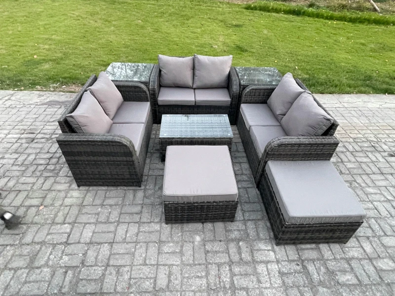 Image of Fimous Wicker PE Rattan Garden Furniture Set 8 Seater Outdoor Lounge Sofa Set with Love Sofa Coffee Table 2 Side Tables 2 Big Footstool Dark Grey