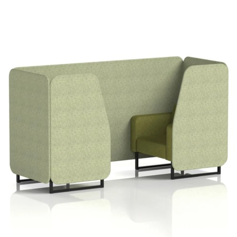 Image of Brixworth 2 Seater Office Booth with Front Panel - Black Legs in Rivet Fabric - Burnish Panels and Olive Sofa