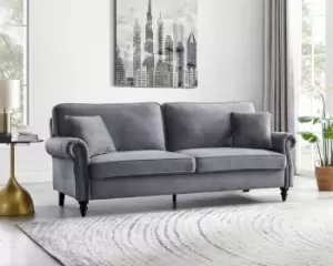 Image of Regan Velvet Sofa Bed With Scroll Armrests and Matching Cushions and Wooden Legs