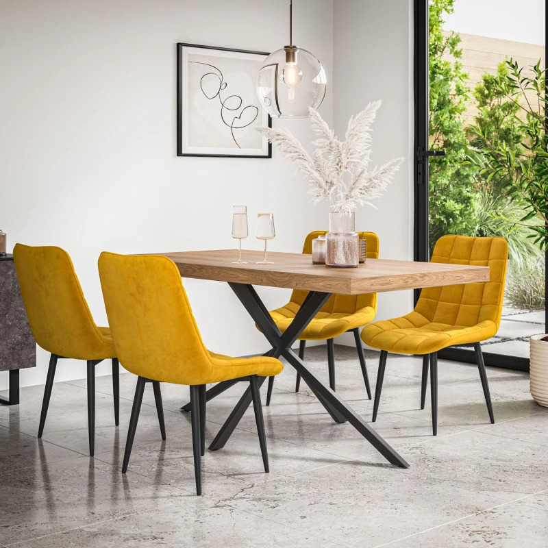 Image of More4Homes Donni Dining Table And Chairs - Oak Effect Table Top W Black Legs + Nova Velvet Dining Chair Set Of 4 (Mustard)